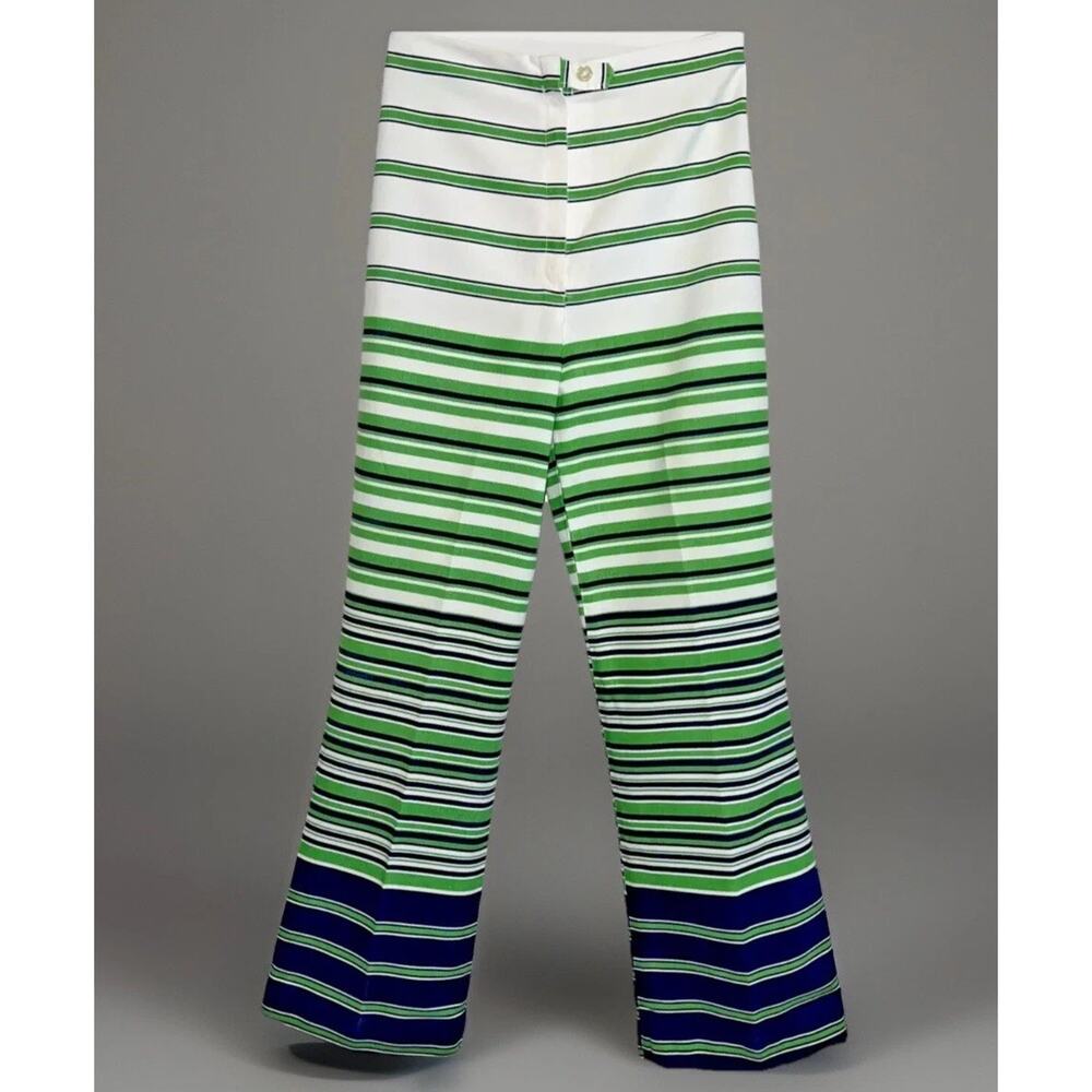 VTG Nautical Pants Groovy Stripes White Green Blue - Flared - 24 x 26.5 - Sz XS